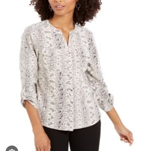 JM Collection Snake Print Button-Front Blouse With Roll Tab Sleeves 100% Linen